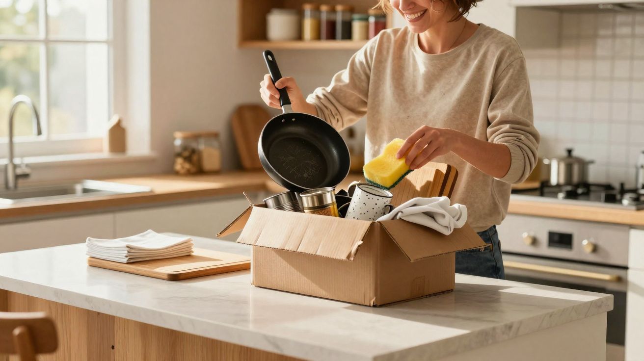 Pessoa desempacotando utensílios de cozinha de uma caixa de papelão sobre a bancada da cozinha.