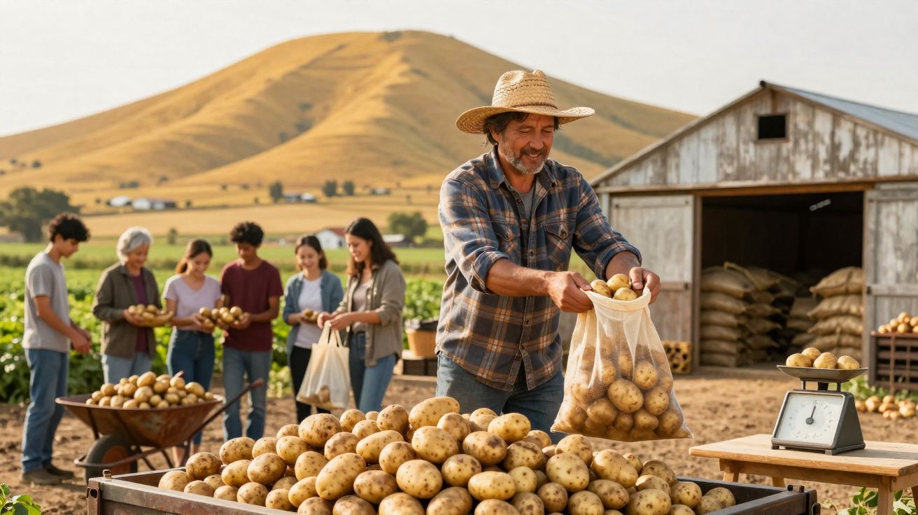 Homem com chapéu de palha embala batatas em saco em fazenda com grupo ao fundo e montanha ao longe.