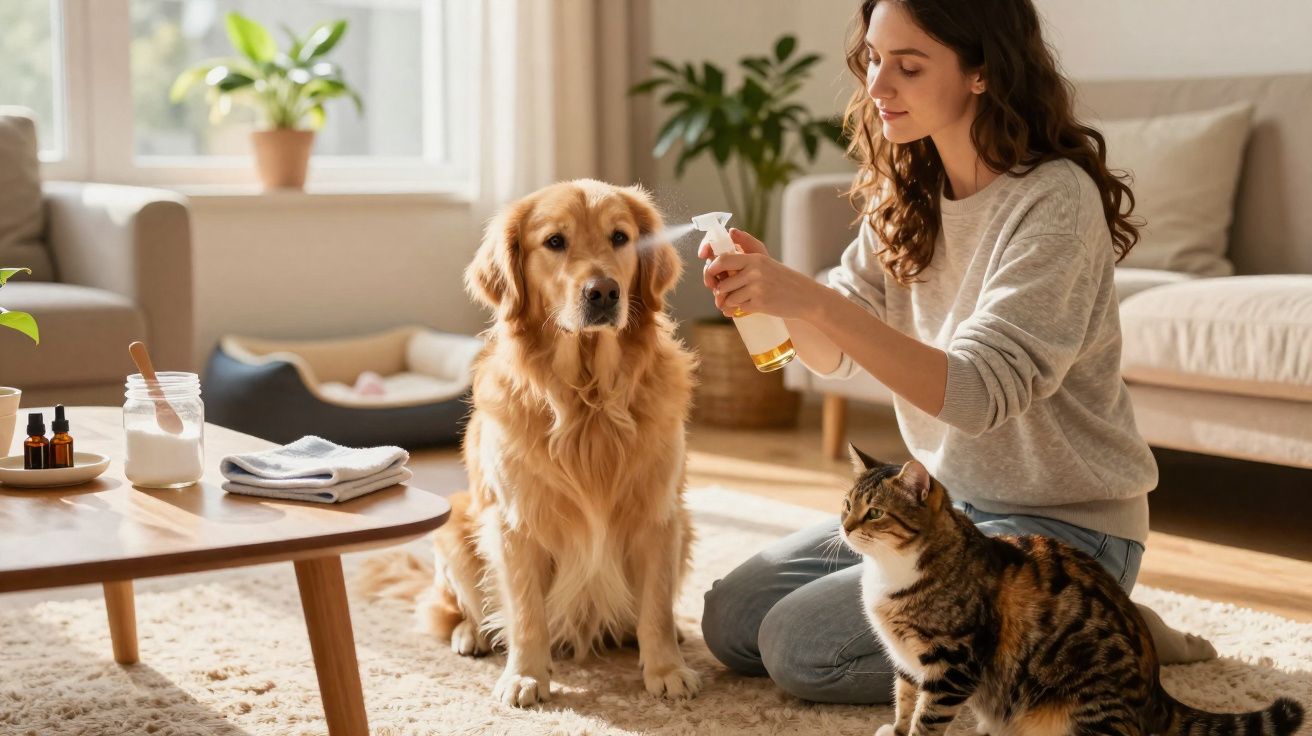 Mulher cuidando de cachorro e gato dentro de sala iluminada, com plantas ao fundo.
