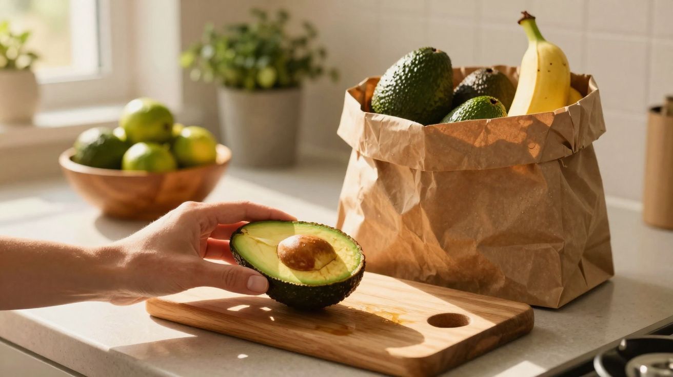 Pessoa segurando metade de abacate sobre tábua de madeira, sacola de papel com frutas na bancada da cozinha.