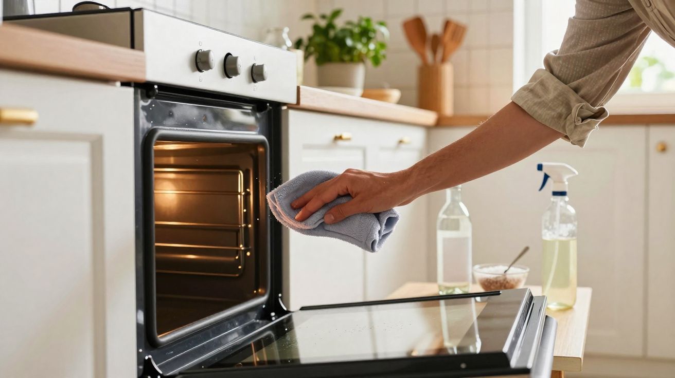 Pessoa limpando o interior de um forno aberto com pano em cozinha clara e organizada.