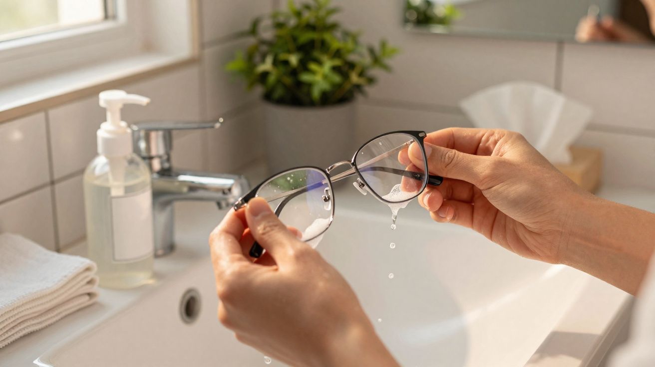 Pessoa lavando óculos sobre pia com sabonete líquido e toalhas dobradas ao lado em banheiro iluminado.