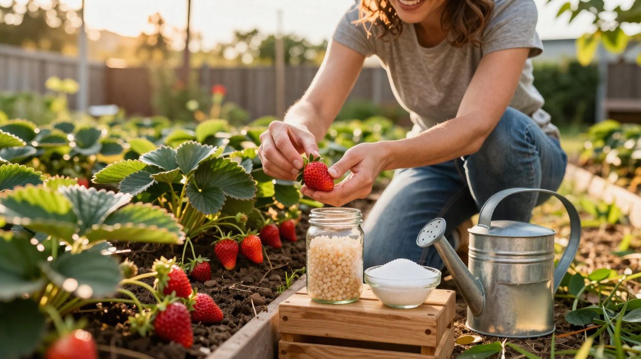 Mulher colhendo morango em horta caseira com regador, pote e tigela de açúcar próximo.