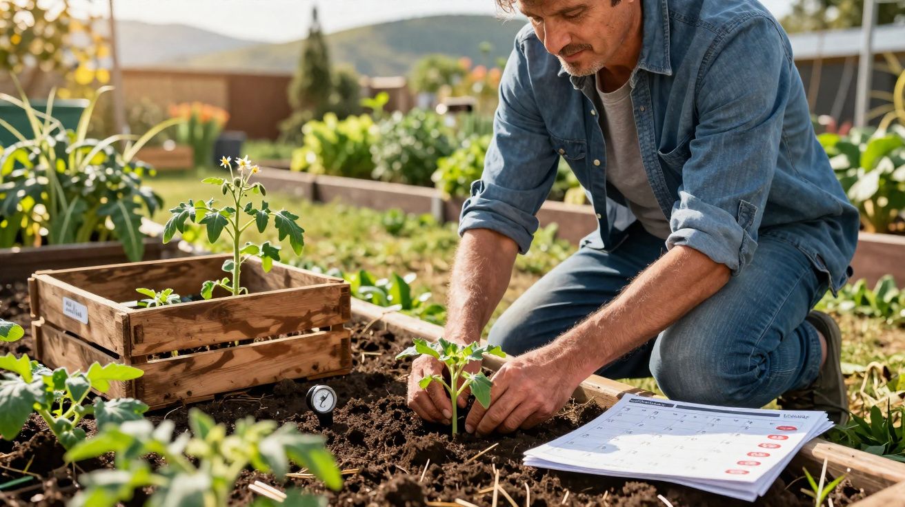 Homem plantando muda de tomateiro em canteiro de horta com folhas verdes ao redor e calendário ao lado.