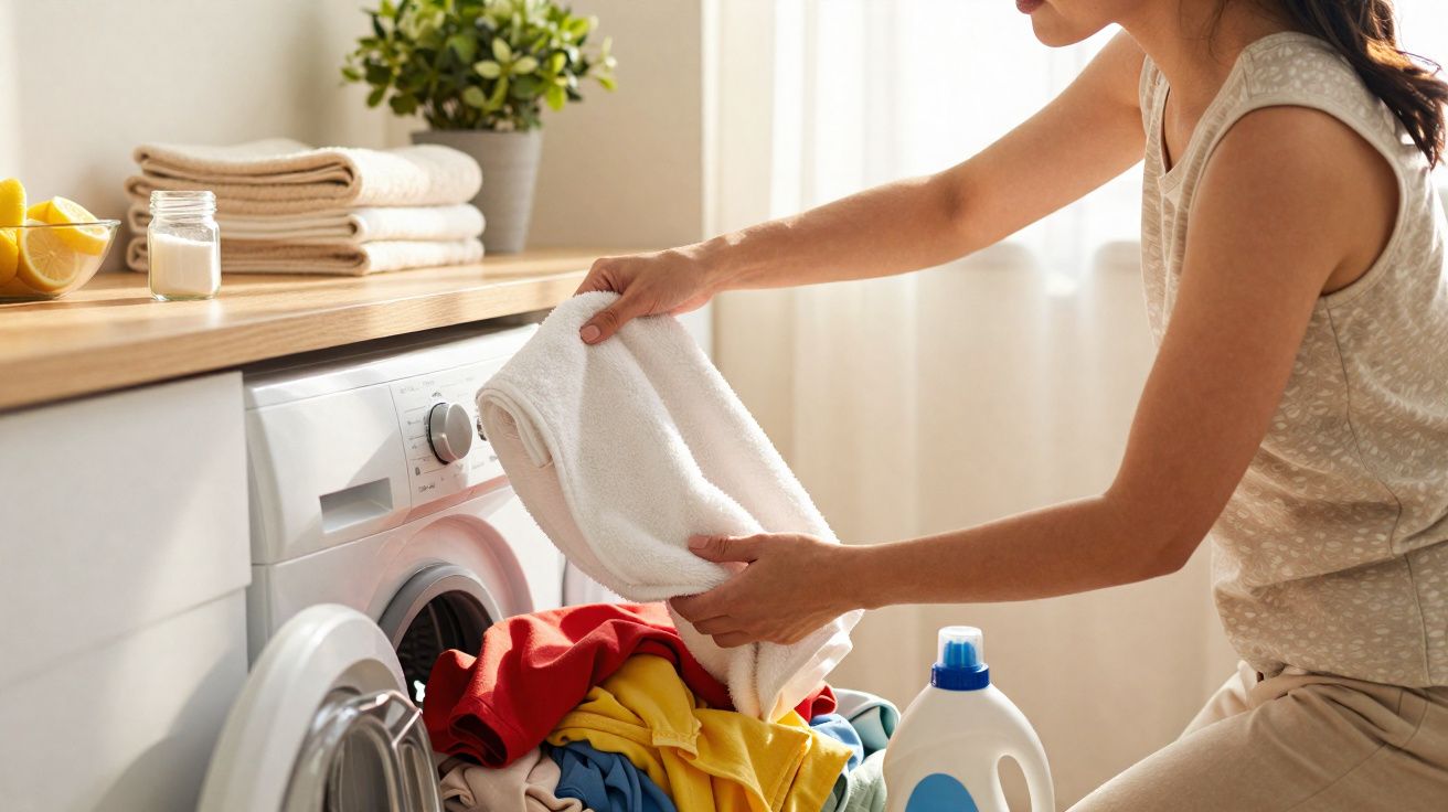 Pessoa colocando toalha branca na máquina de lavar roupas com roupas coloridas ao redor.