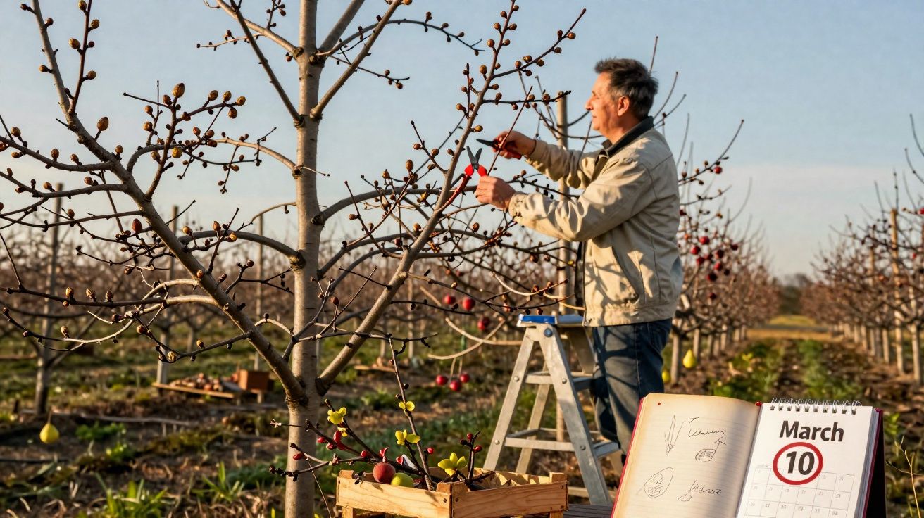 Homem podando árvore em pomar no início da primavera, com calendário marcando 10 de março.