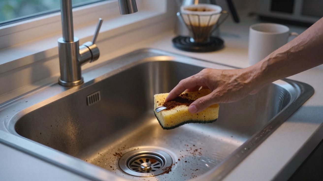 Mão segurando esponja com resíduos de café limpando pia de inox em cozinha iluminada pela janela.