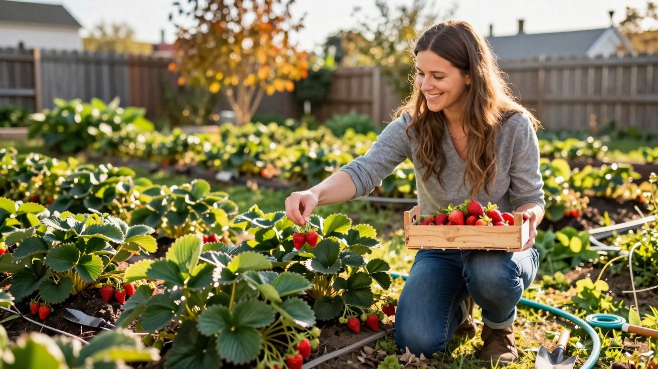 Mulher sorrindo colhendo morangos em plantação ao ar livre durante o dia.
