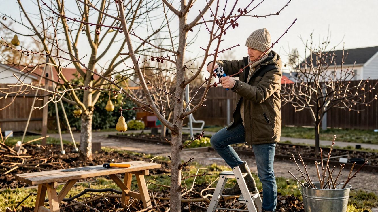 Homem com roupas de inverno podando árvore em jardim durante o dia.