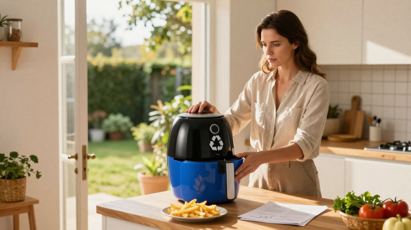 Mulher na cozinha usando air fryer azul e preta com símbolo de reciclagem, com batatas fritas e tomates na mesa.