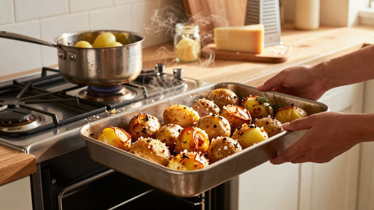 Mãos retirando assadeira com batatas assadas e temperos de forno em cozinha com panela no fogão.