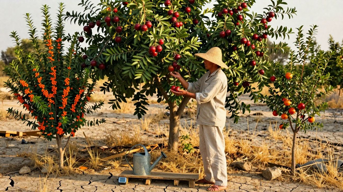 Pessoa colhendo frutas vermelhas em árvore em área seca com solo rachado e plantas ao redor.