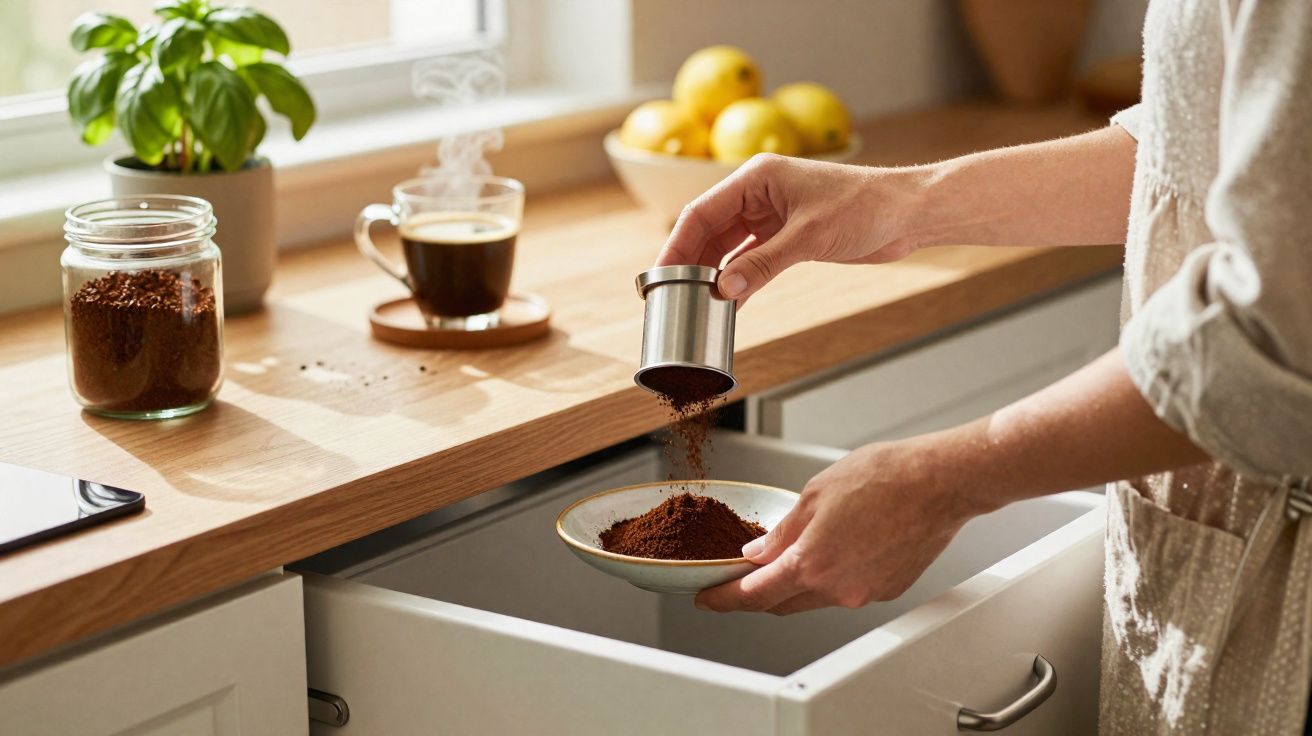 Pessoa segurando recipiente metálico e colocando café moído em prato na cozinha iluminada pela janela.