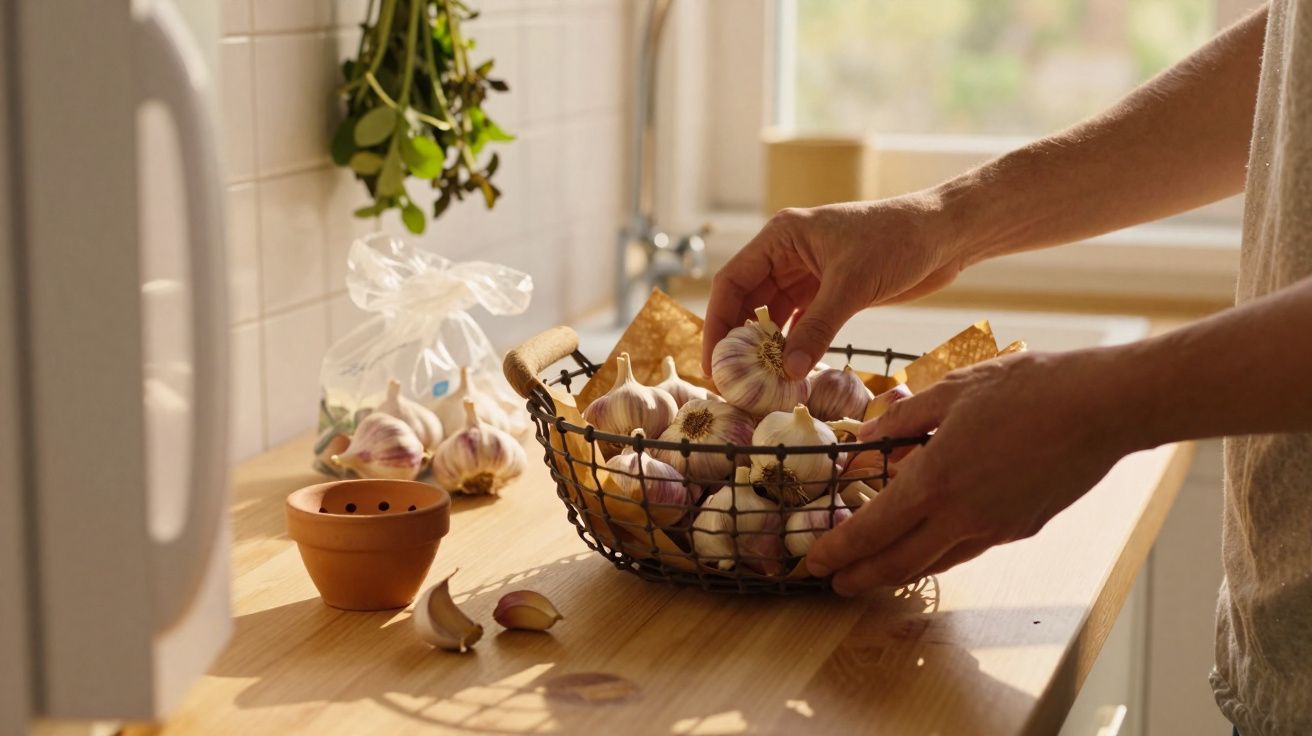 Pessoas organizando cabeças e dentes de alho em cesta de arame sobre bancada de madeira iluminada.
