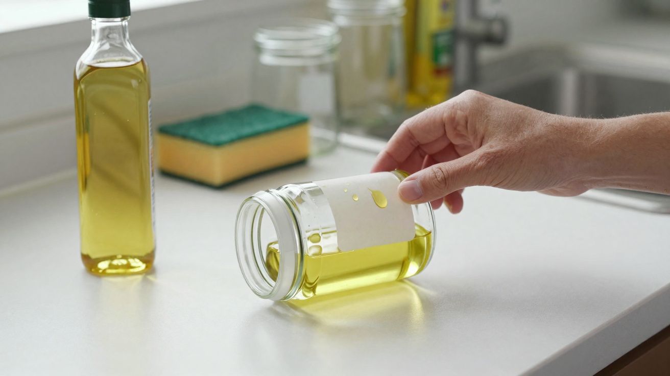 Mão segurando pote de vidro com óleo amarelado sobre bancada branca na cozinha.