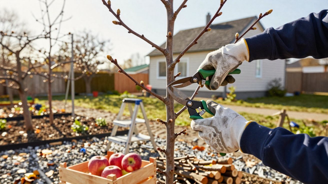 Pessoa podando árvore jovem em jardim com caixa de maçãs e casa ao fundo.