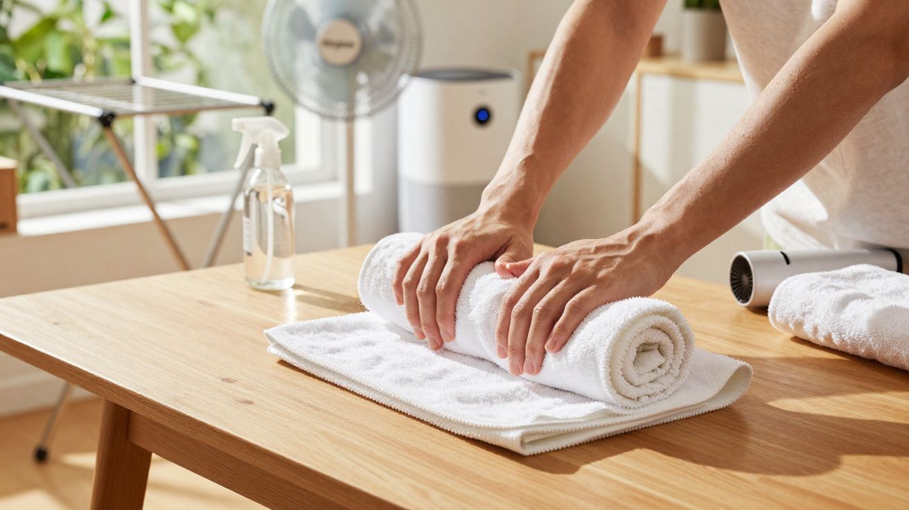 Mãos masculinas enrolando toalha branca sobre mesa de madeira em ambiente com ventilador e umidificador.