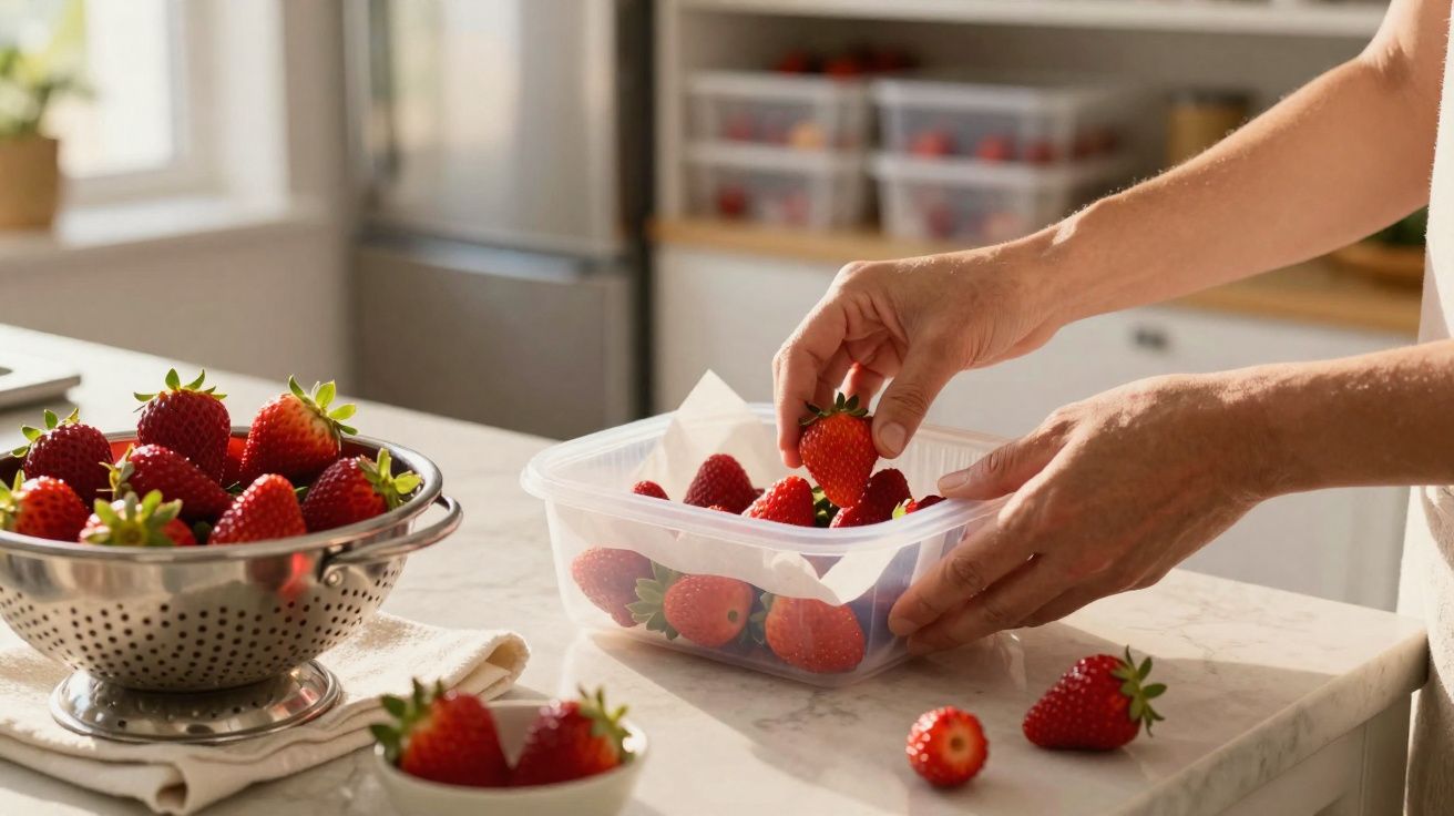 Mãos colocando morangos frescos em um recipiente plástico na bancada da cozinha iluminada.