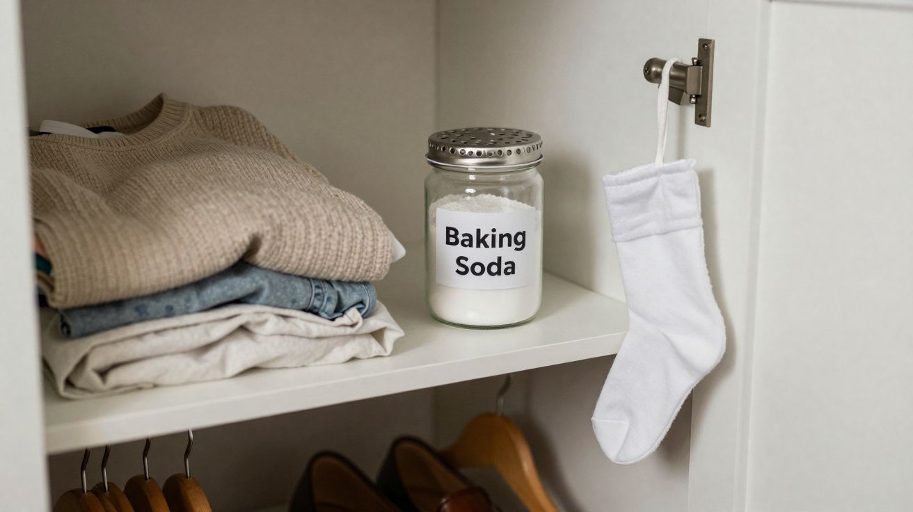 Armário com roupas dobradas, um frasco de bicarbonato de sódio e uma meia branca pendurada na porta.