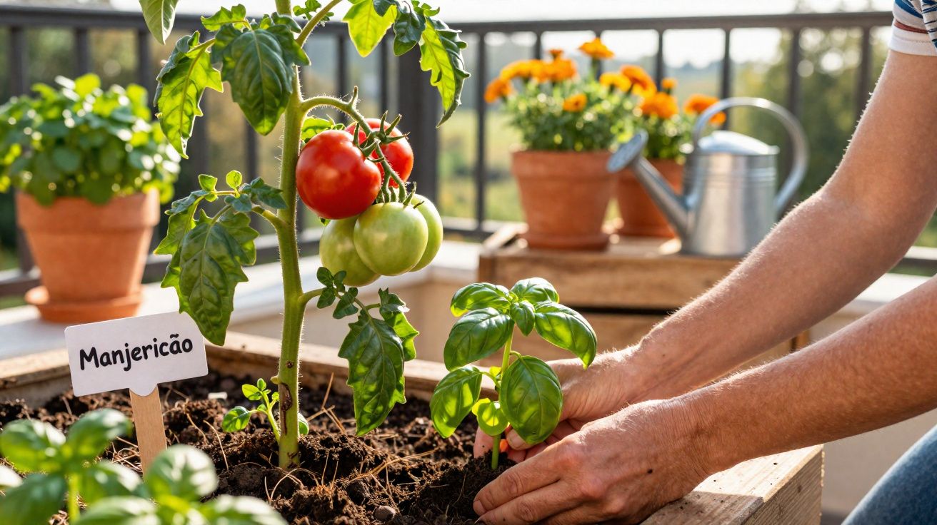 Pessoa cuidando de manjericão em horta com planta de tomate ao fundo em área externa.