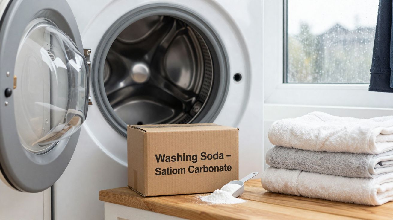 Máquina de lavar roupa com sabão em pó em caixa de papelão e toalhas dobradas sobre bancada de madeira.