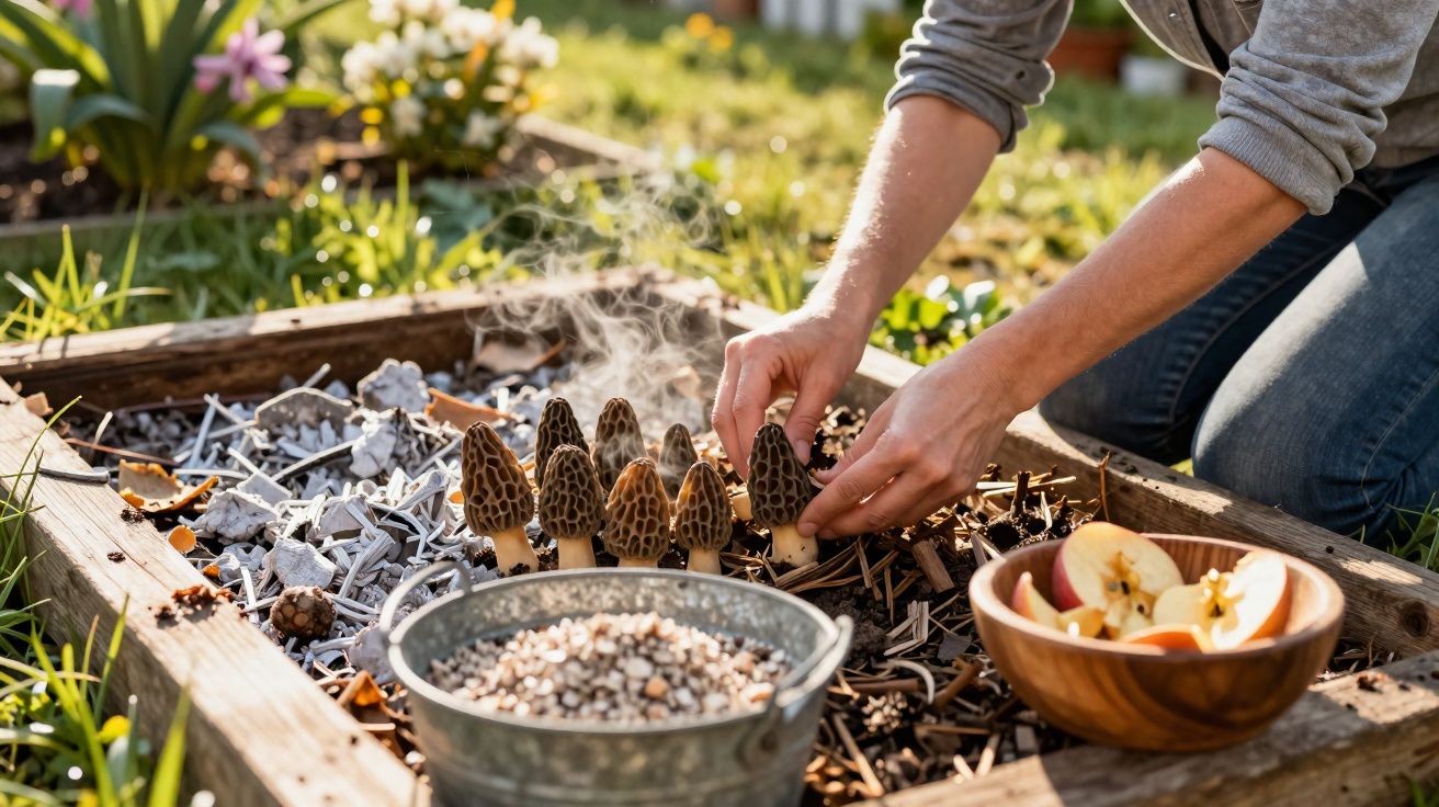 Pessoa colhendo cogumelos fungos maislhas em canteiro de jardim com frutas cortadas ao lado.