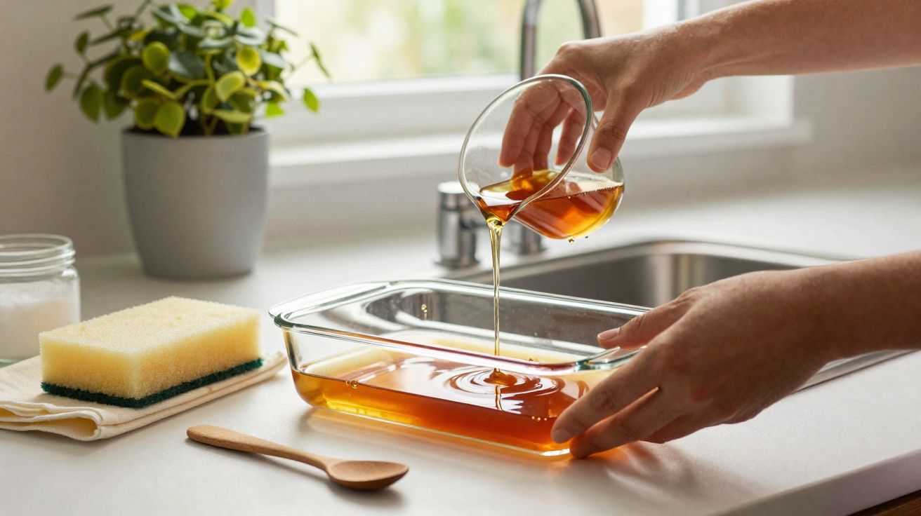 Mãos despejando mel em recipiente de vidro sobre bancada de cozinha com esponja e planta ao fundo.
