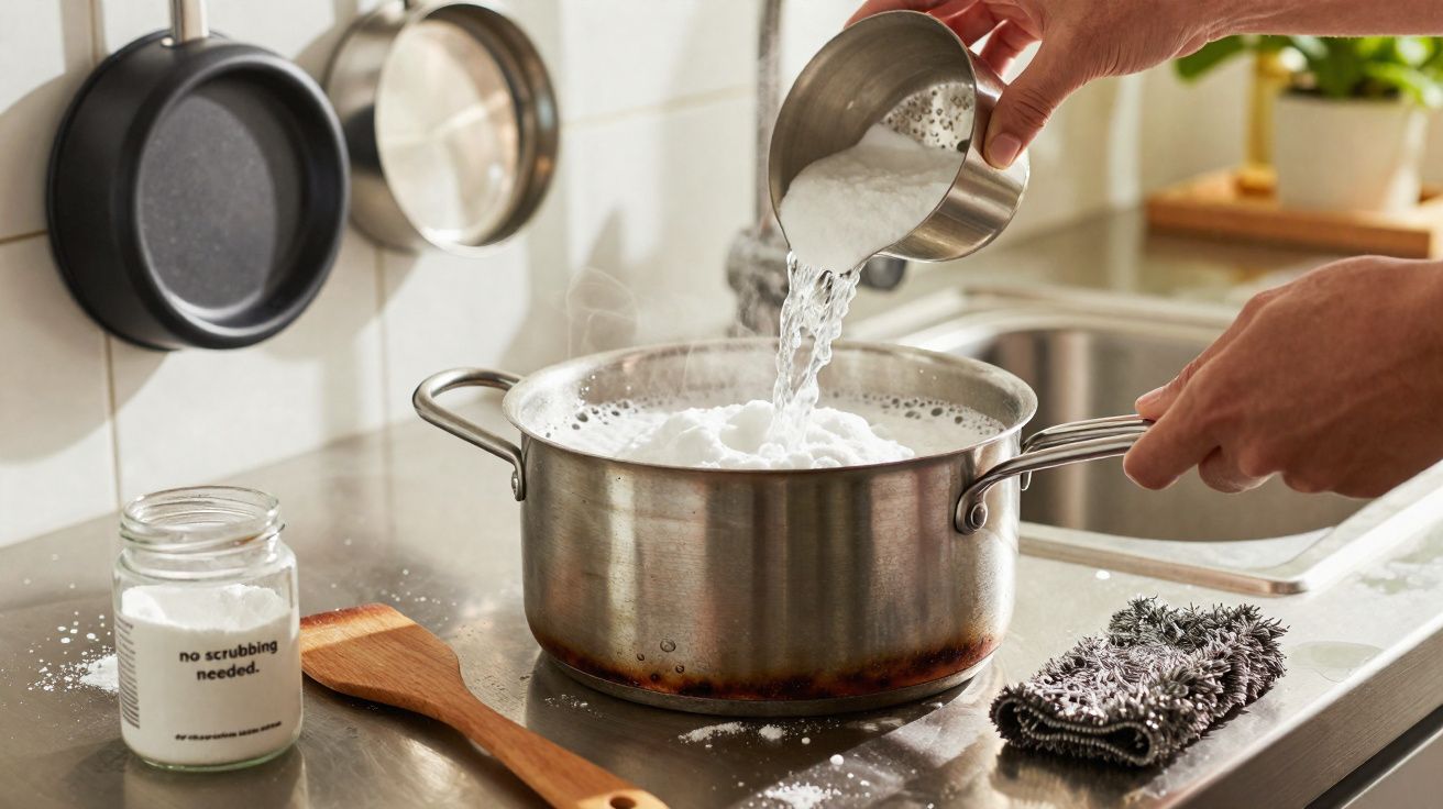 Pessoa despejando líquido em panela com espuma sobre fogão, utensílios de cozinha ao redor.