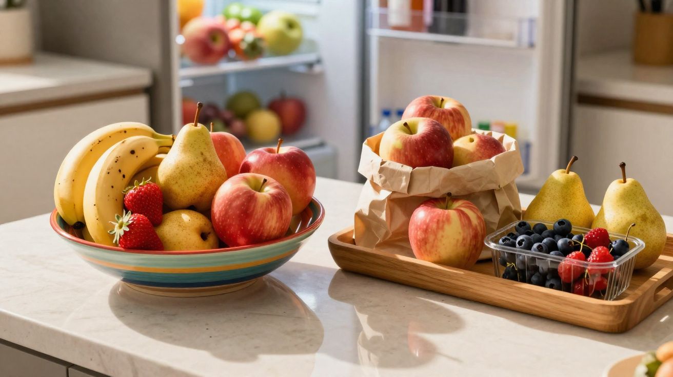 Frutas variadas em uma tigela, papel pardo e bandeja sobre bancada de cozinha iluminada.
