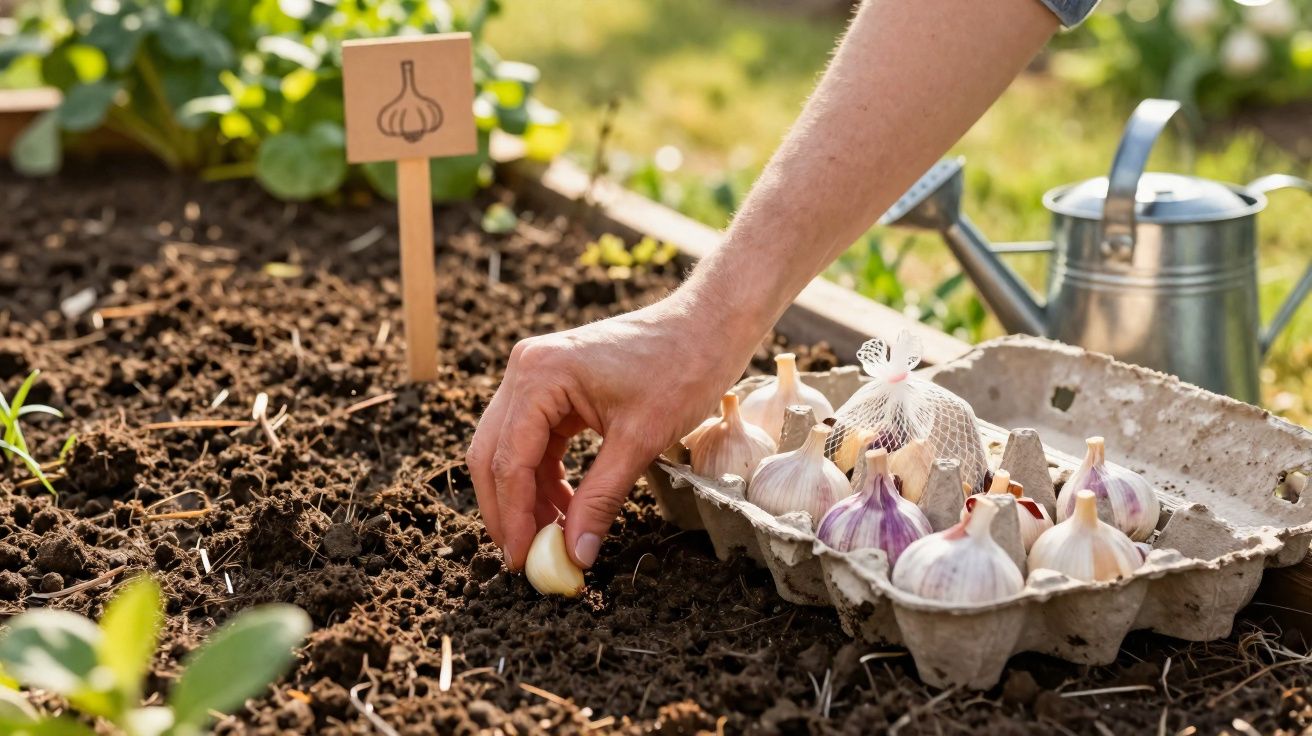 Mão plantando dente de alho em terra de canteiro com caixa de alho e regador ao fundo.