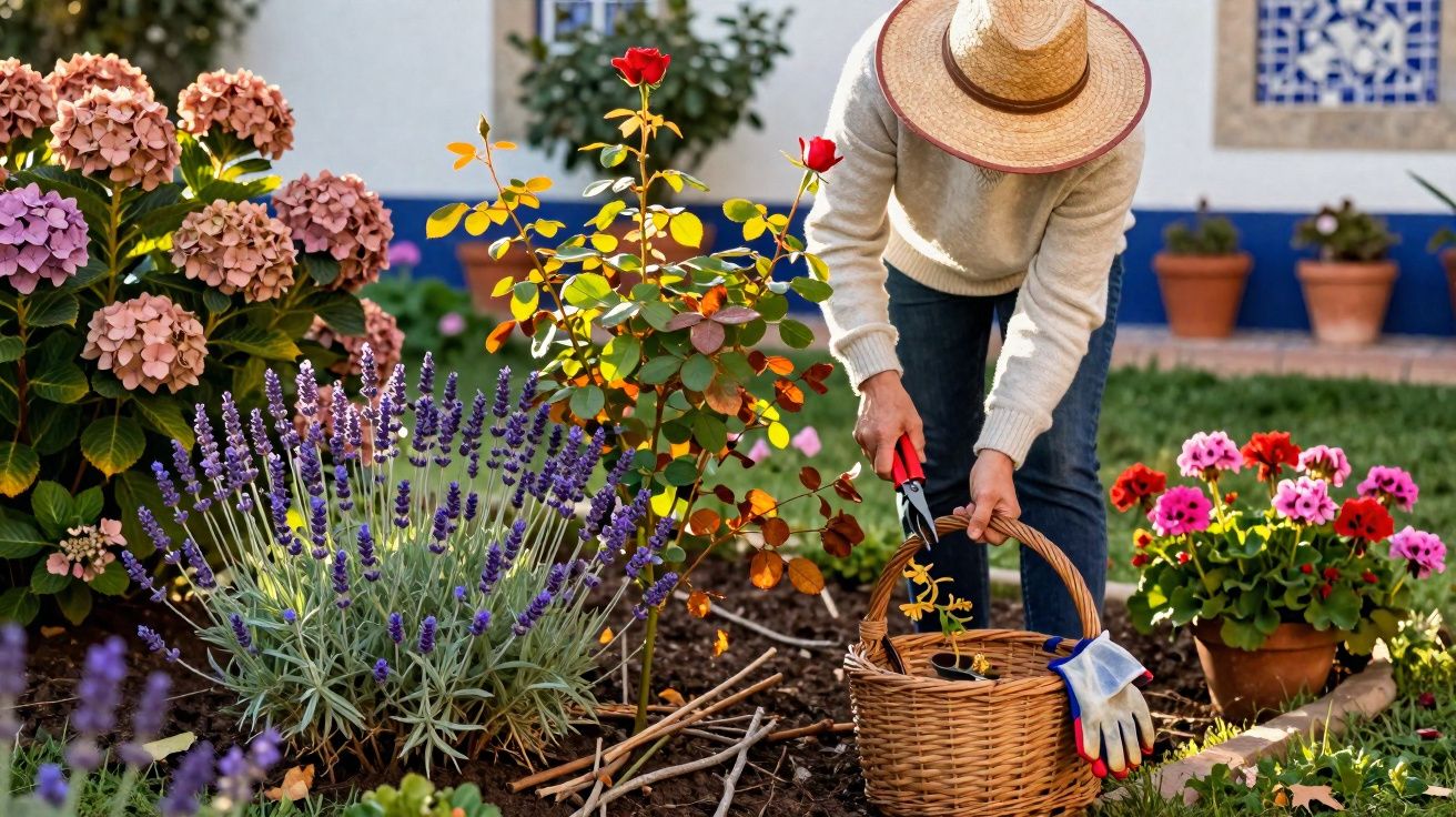 Pessoa com chapéu cuidando de plantas em jardim florido com flores coloridas e ferramentas de jardinagem.