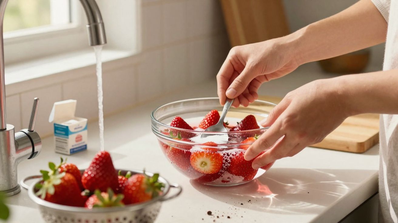 Pessoa lavando morangos em tigela de vidro sob torneira na cozinha clara.