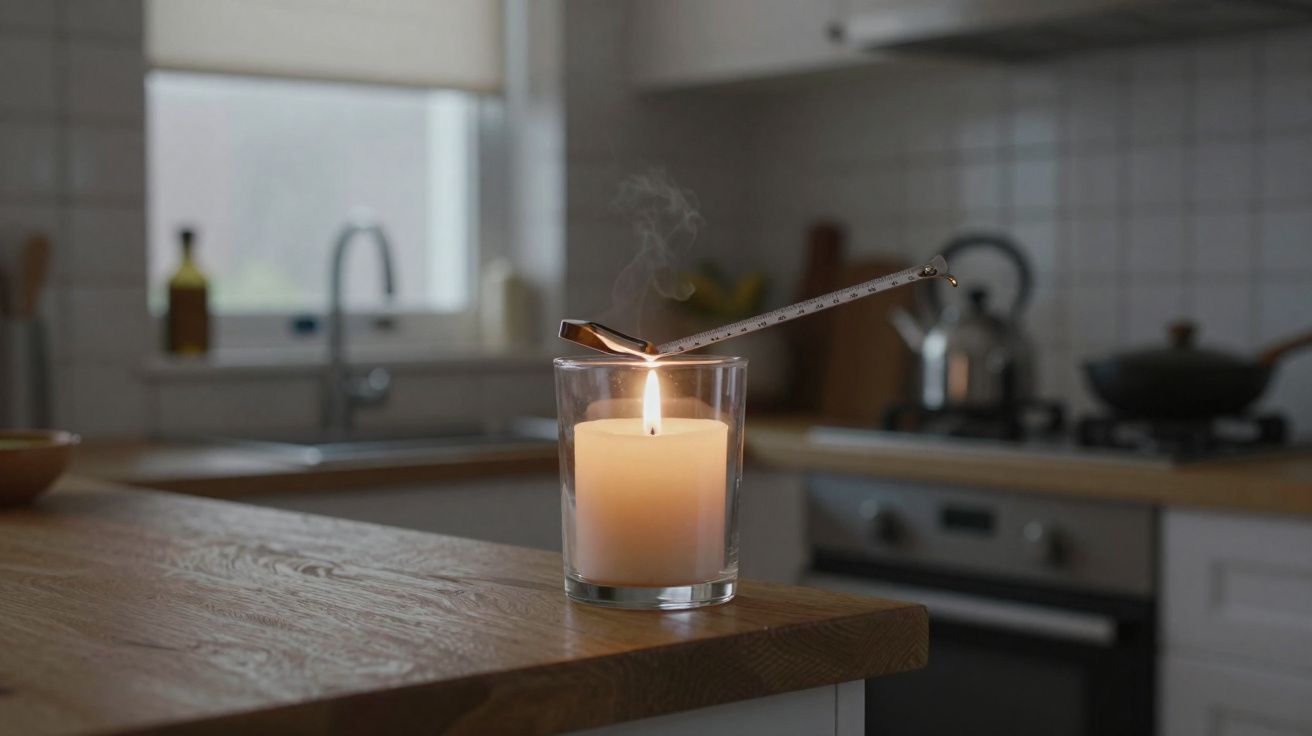 Vela acesa em copo de vidro em bancada de madeira em cozinha, com termômetro apoiado sobre a vela.