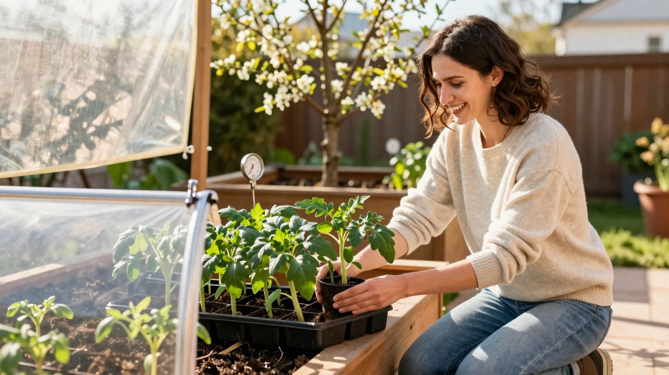 Mulher sorridente cuidando de mudas em canteiro elevado de jardim ensolarado.