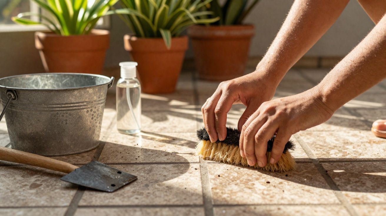 Mãos esfregando o chão de azulejo com escova, balde de metal e garrafa plástica ao lado.