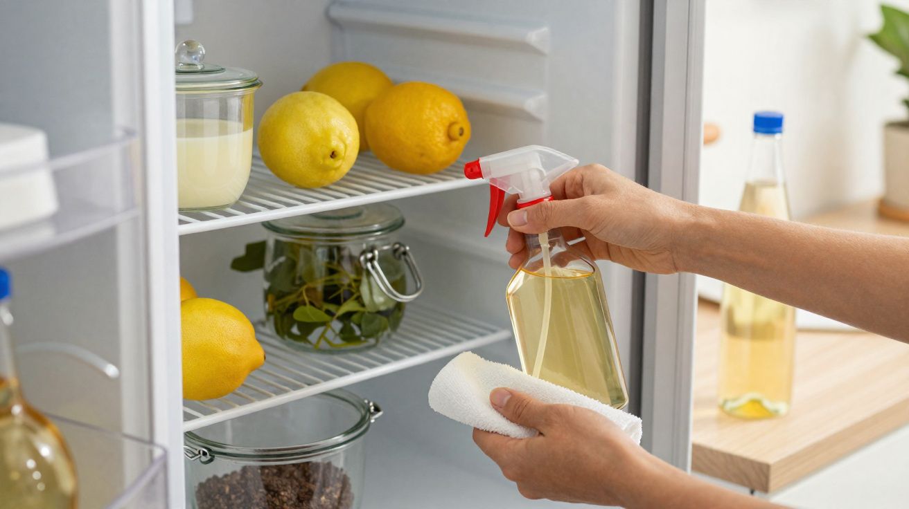 Pessoa limpando a prateleira da geladeira com spray de limpeza e pano branco.
