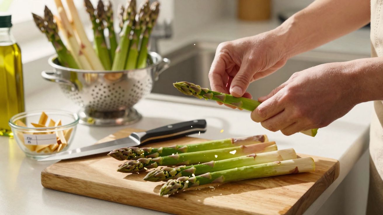 Pessoa preparando aspargos frescos em uma tábua de corte em cozinha bem iluminada.