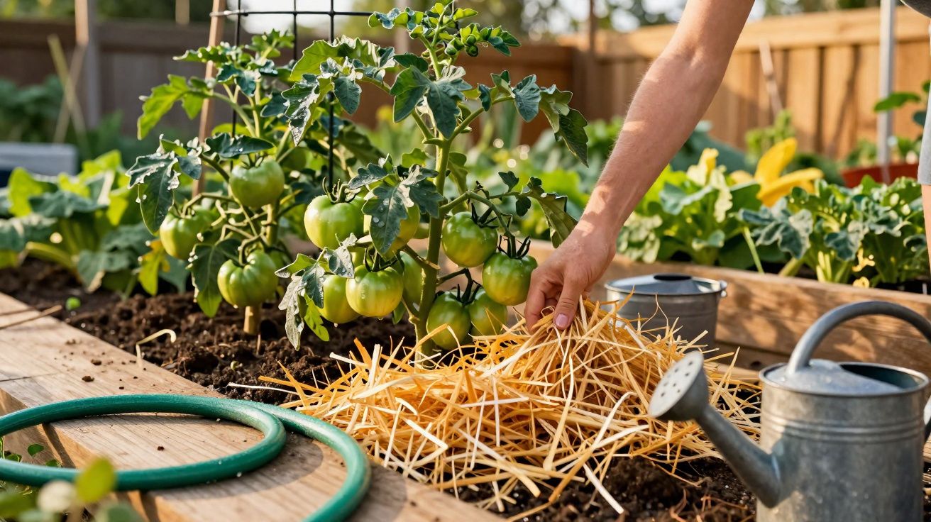 Mão espalhando palha em canteiro com pés de tomate verde, regador e mangueira ao redor.
