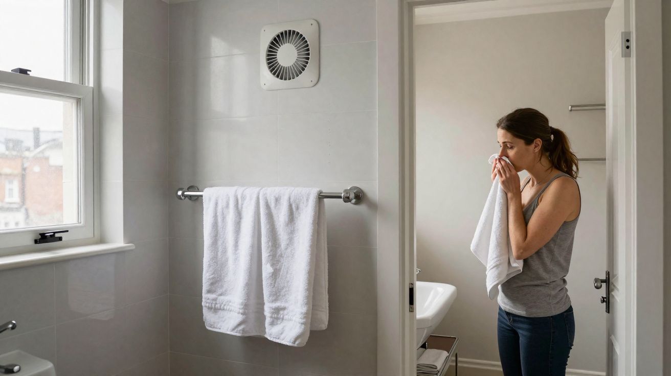 Mulher limpa o rosto com toalha branca em banheiro com janela e toalhas penduradas na parede.