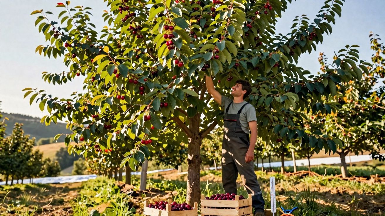 Homem colhendo cerejas maduras de uma árvore em pomar ensolarado com caixas cheias de frutas.