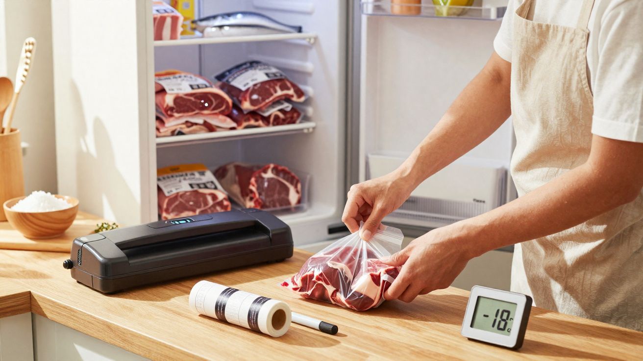 Pessoa embalando carne crua em saco plástico na cozinha com vedadora a vácuo e termômetro digital.