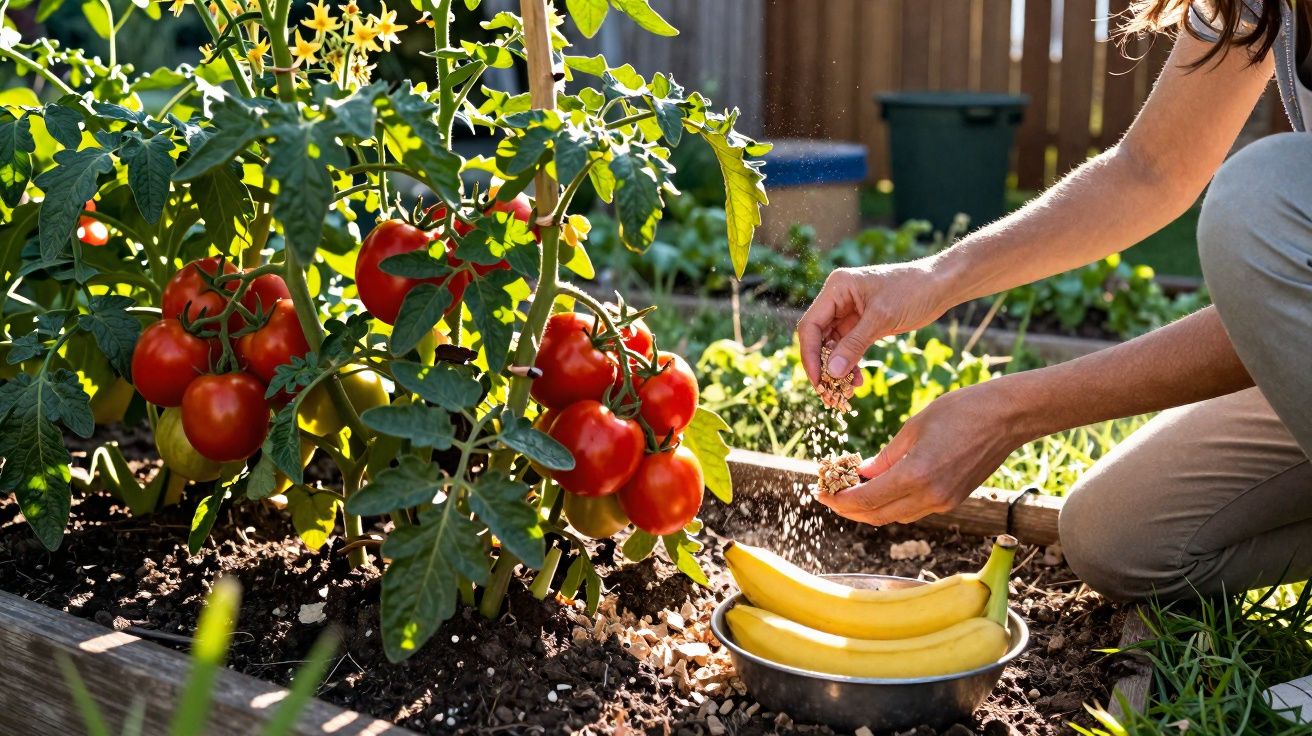 Pessoa semeando em horta com planta de tomate e bananas maduras em uma tigela metálica ao lado.