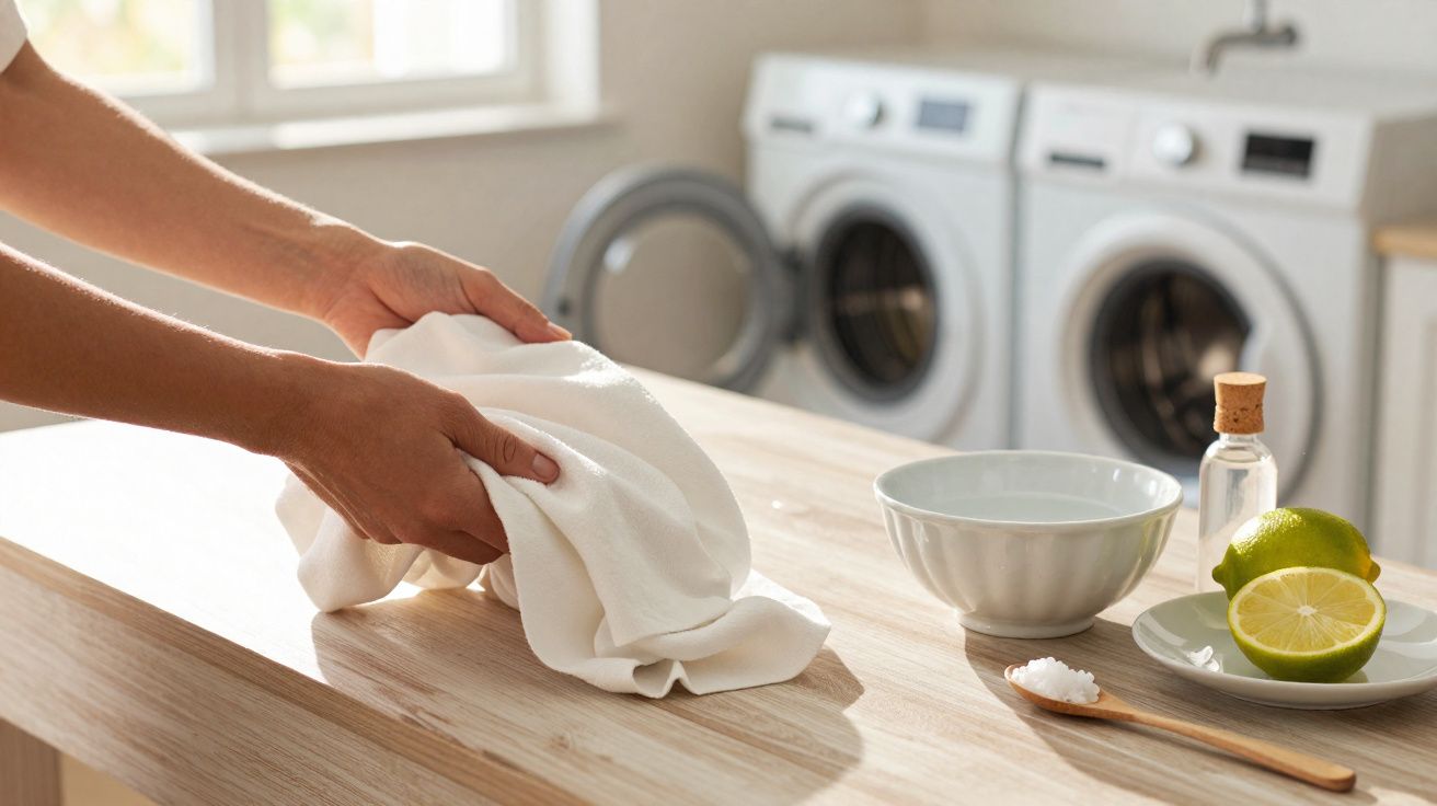 Mãos torcendo pano branco sobre mesa de madeira com itens naturais, lava-roupas ao fundo.