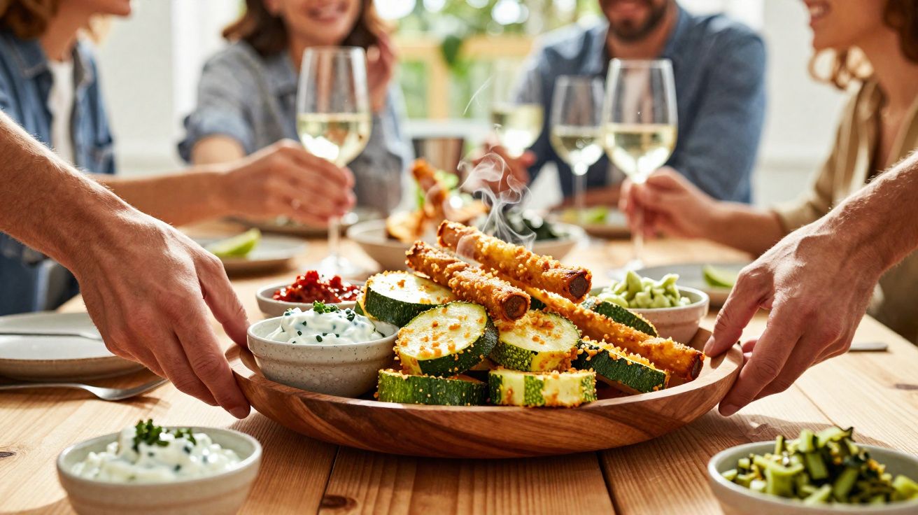 Pessoas em volta de mesa com comidas e taças de vinho branco em momento de confraternização.