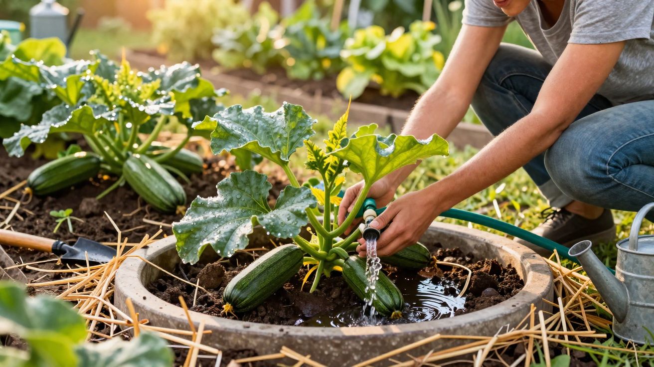 Pessoa regando plantação de abobrinhas em horta cultivada em canteiro circular de concreto.