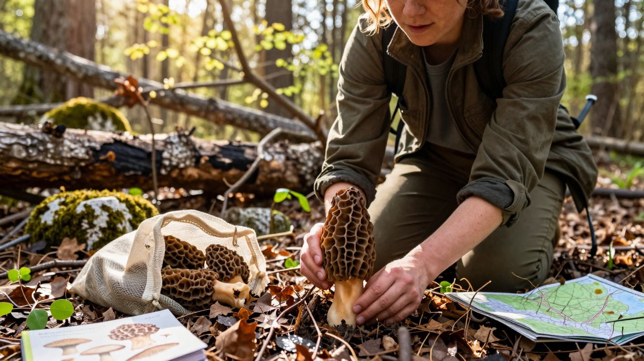 Pessoa colhendo cogumelos em floresta com saco de colheita e mapa ao lado no chão coberto de folhas.