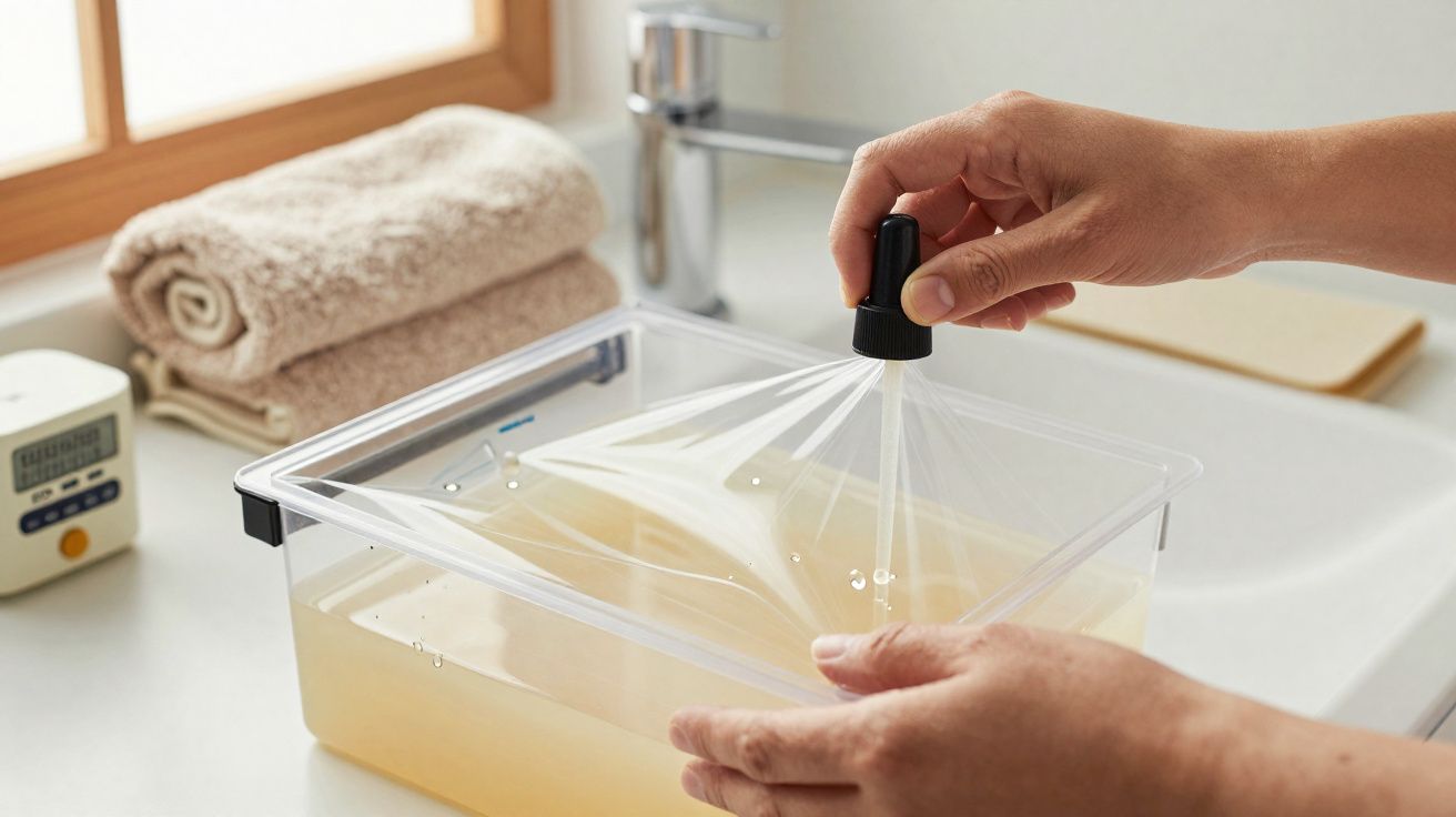 Mãos removendo filme plástico transparente de recipiente com líquido na pia ao lado de toalhas dobradas.