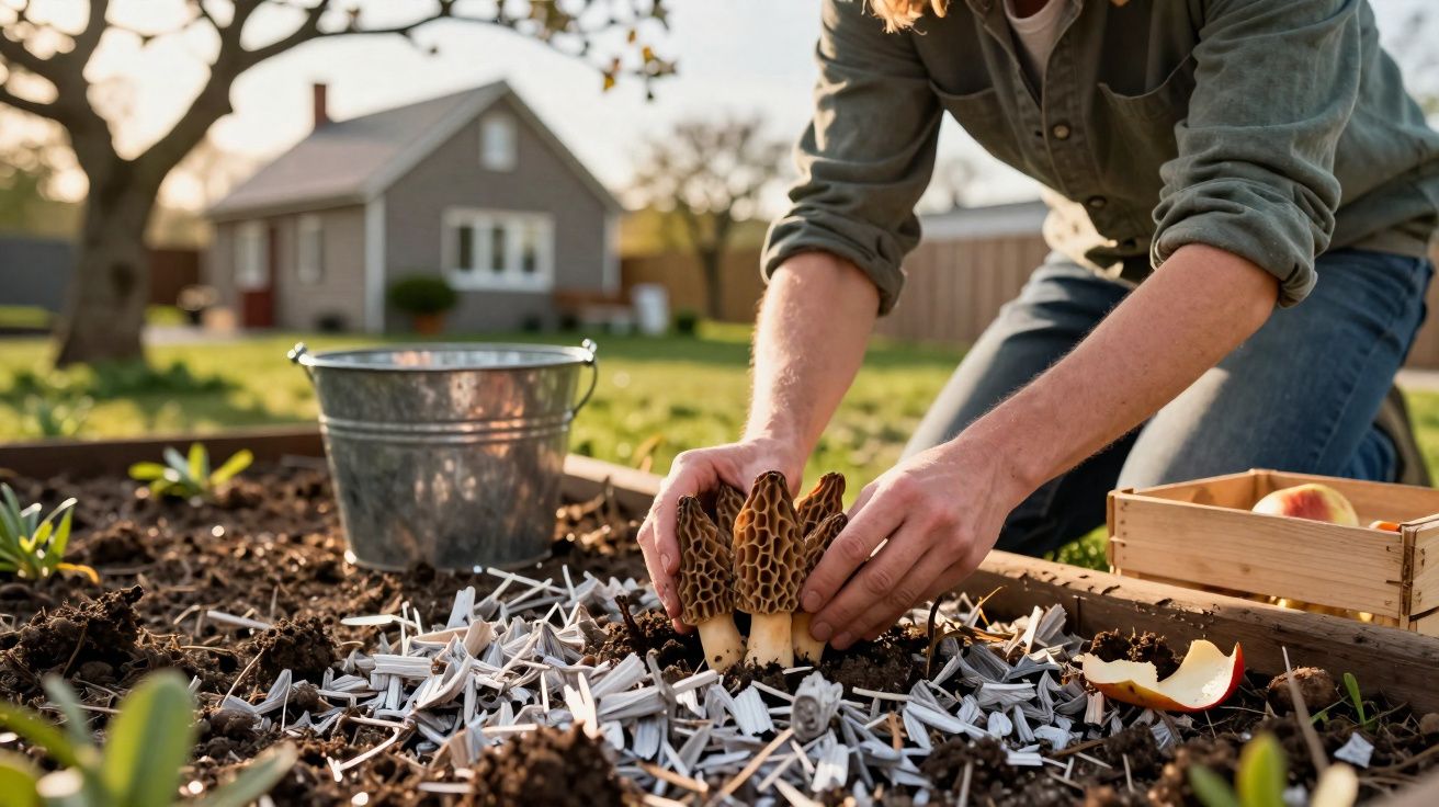 Pessoa colhendo cogumelos morchella em canteiro de jardim com balde metálico ao fundo.