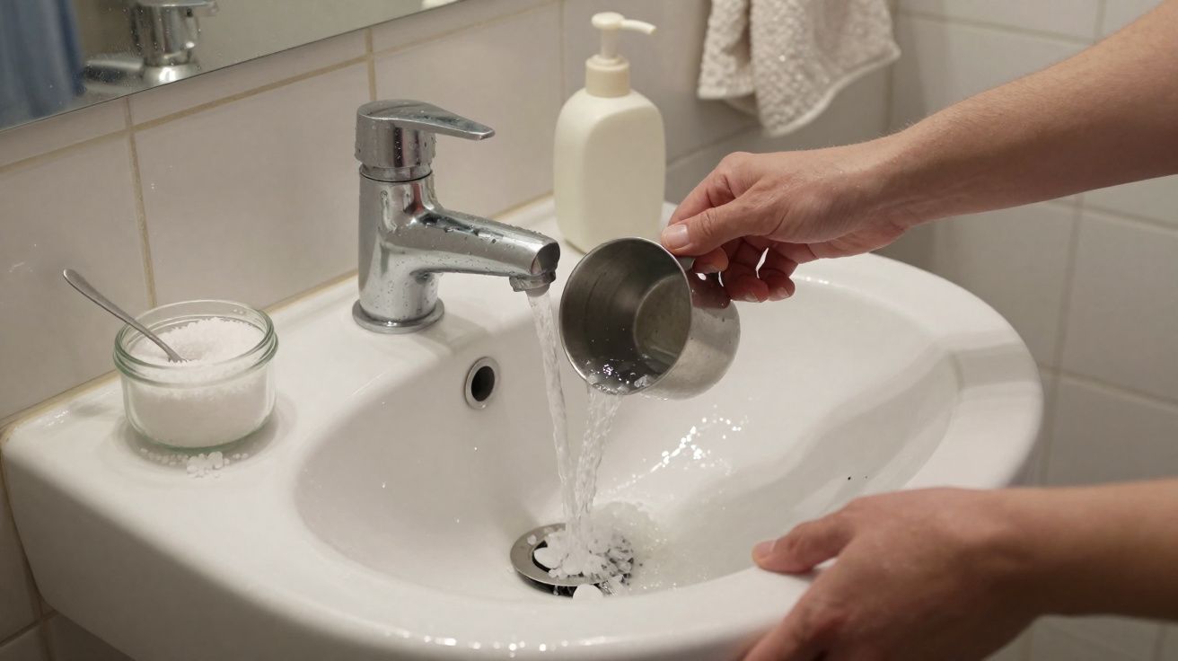 Pessoa segurando copo metálico para coletar água de torneira em pia branca de banheiro.