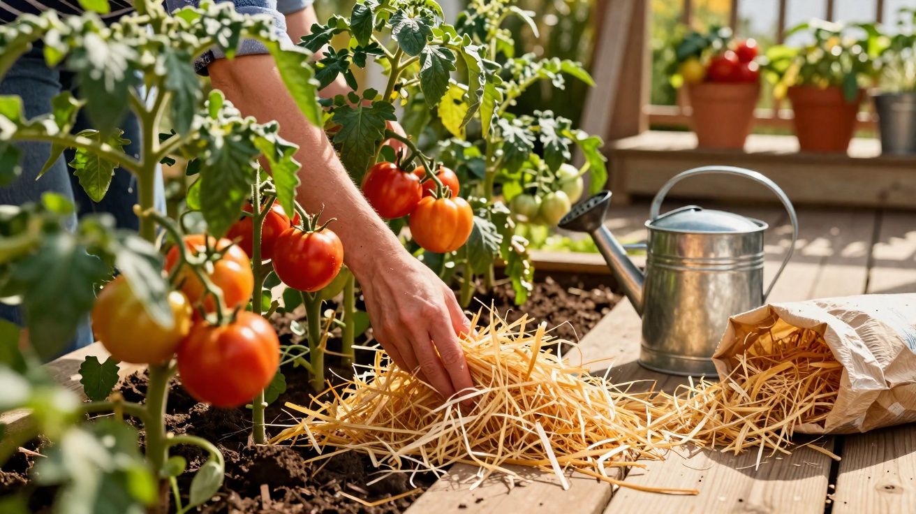 Pessoa cuidando de plantas de tomate em vaso com regador e palha para cobertura do solo.